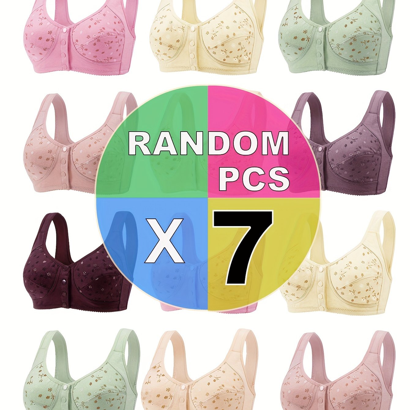 7-Pack Women's Solid Color Wireless Bralettes with Front Buckle Soft Knit Fabric No Padding