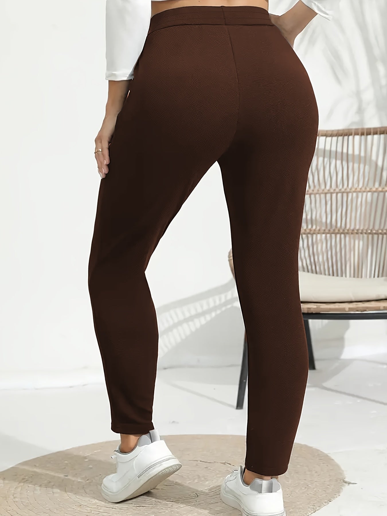 Women's Plus Size Brown Knit Pants, Straight Fit, Stretchy Fabric, Casual Wear