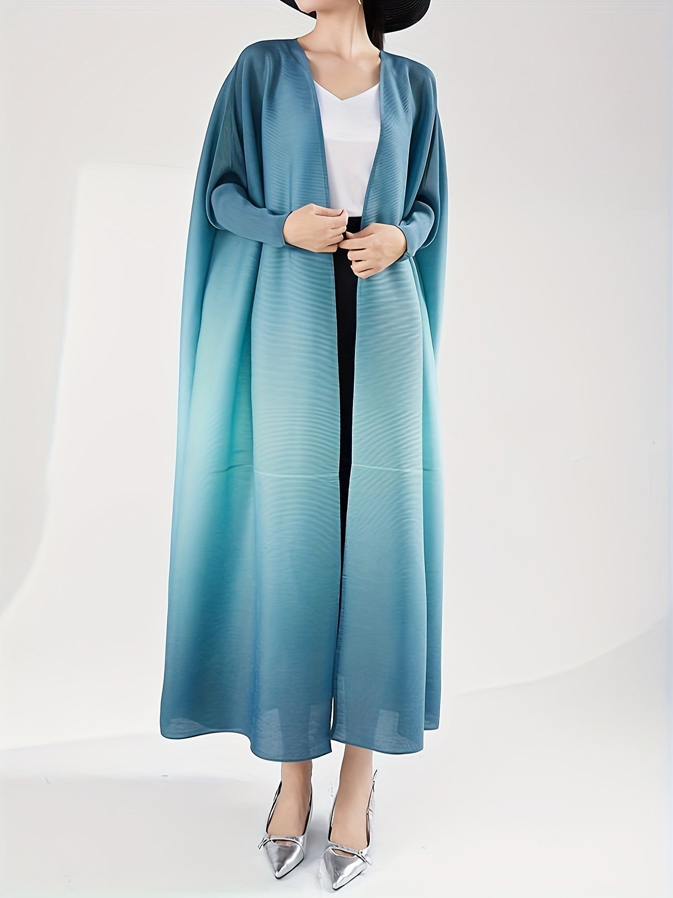 Vestido de punto largo para mujer con cardigan de manga batwing en degradado azul, ligero y casual