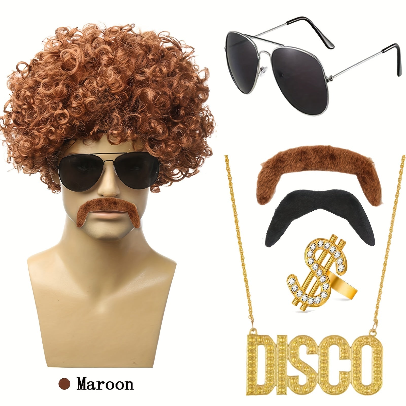 Conjunto de disfraz de los 70s y 80s con peluca rizada, gafas, bigote y collar para fiesta