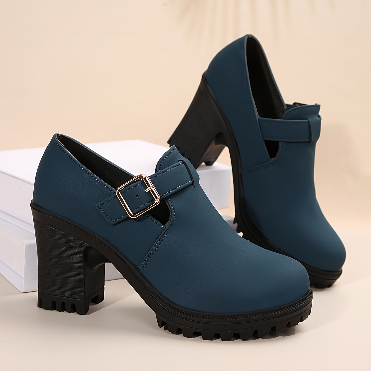 Women's Chunky Heel Platform Ankle Boots Black Synthetic Lace-Up Work Shoes