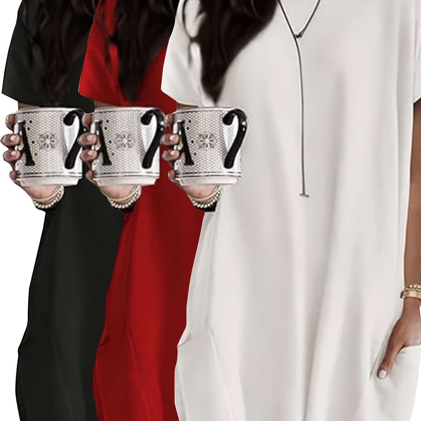 Ayollar uchun kundalik paxta qisqa ko'ylakli futbolka to'plami, cho'ntaklar bilan, uchta qism