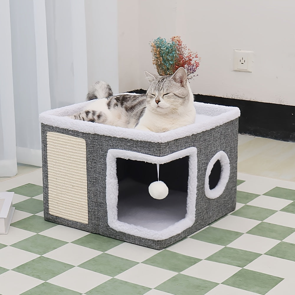 Double-Layered Cat Bed with Sisal Scratching Post Foldable Enclosed Design Large Space All-Season