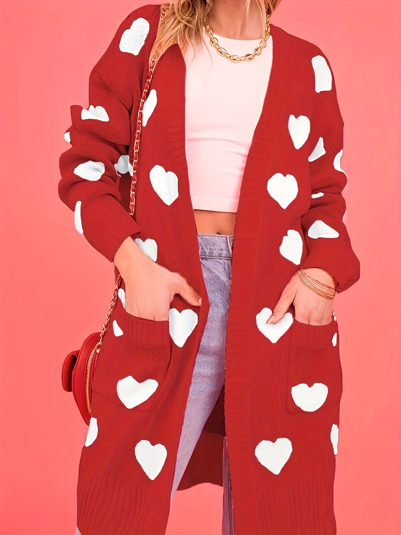 Ayollar uchun katta o'lchamli qizil va oq yurak shaklidagi kardigan uzun qolli ochiq old yengli sviter