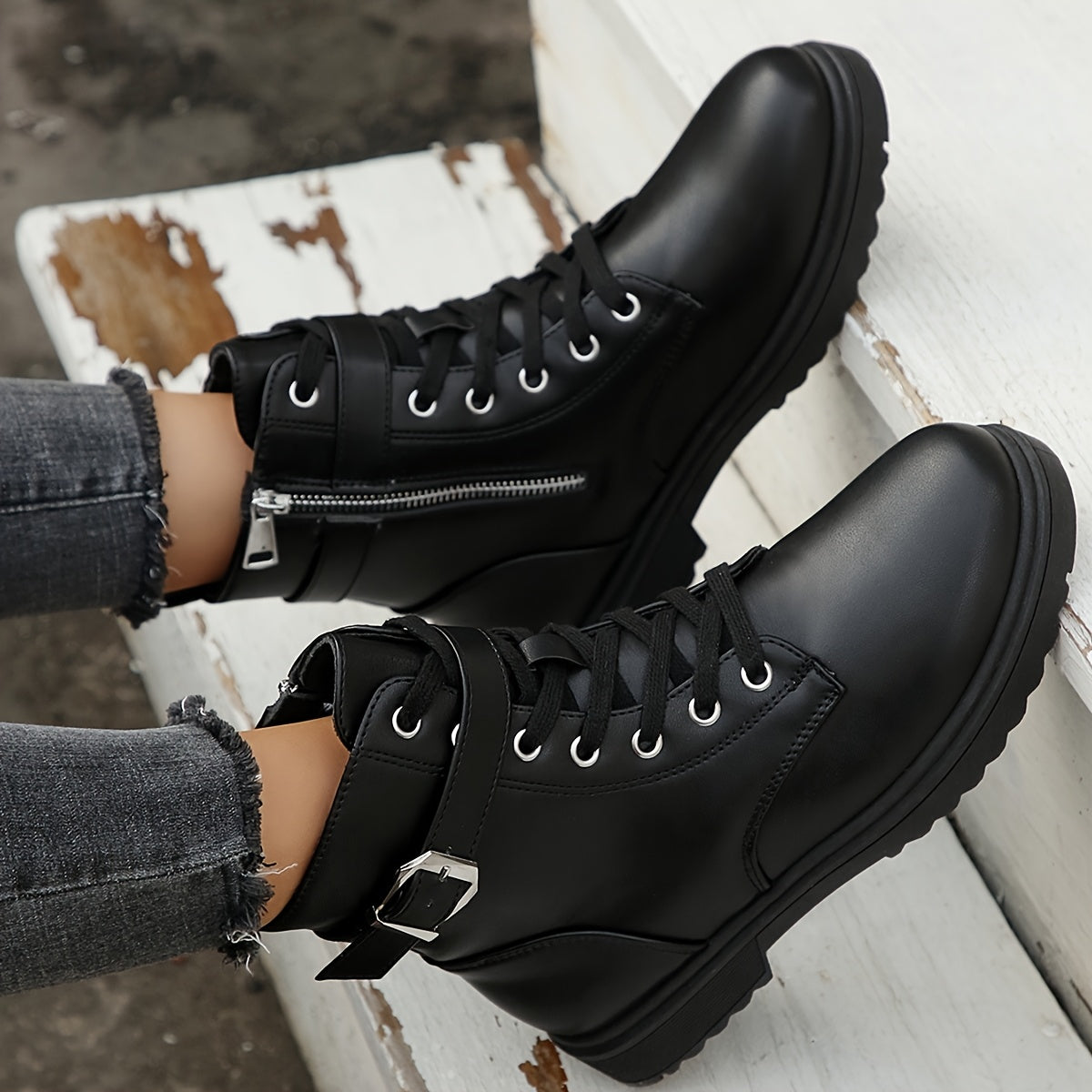 Женские массивные платформенные ботинки на щиколотке с кожзаменителем, боковой молнией, всесезонные