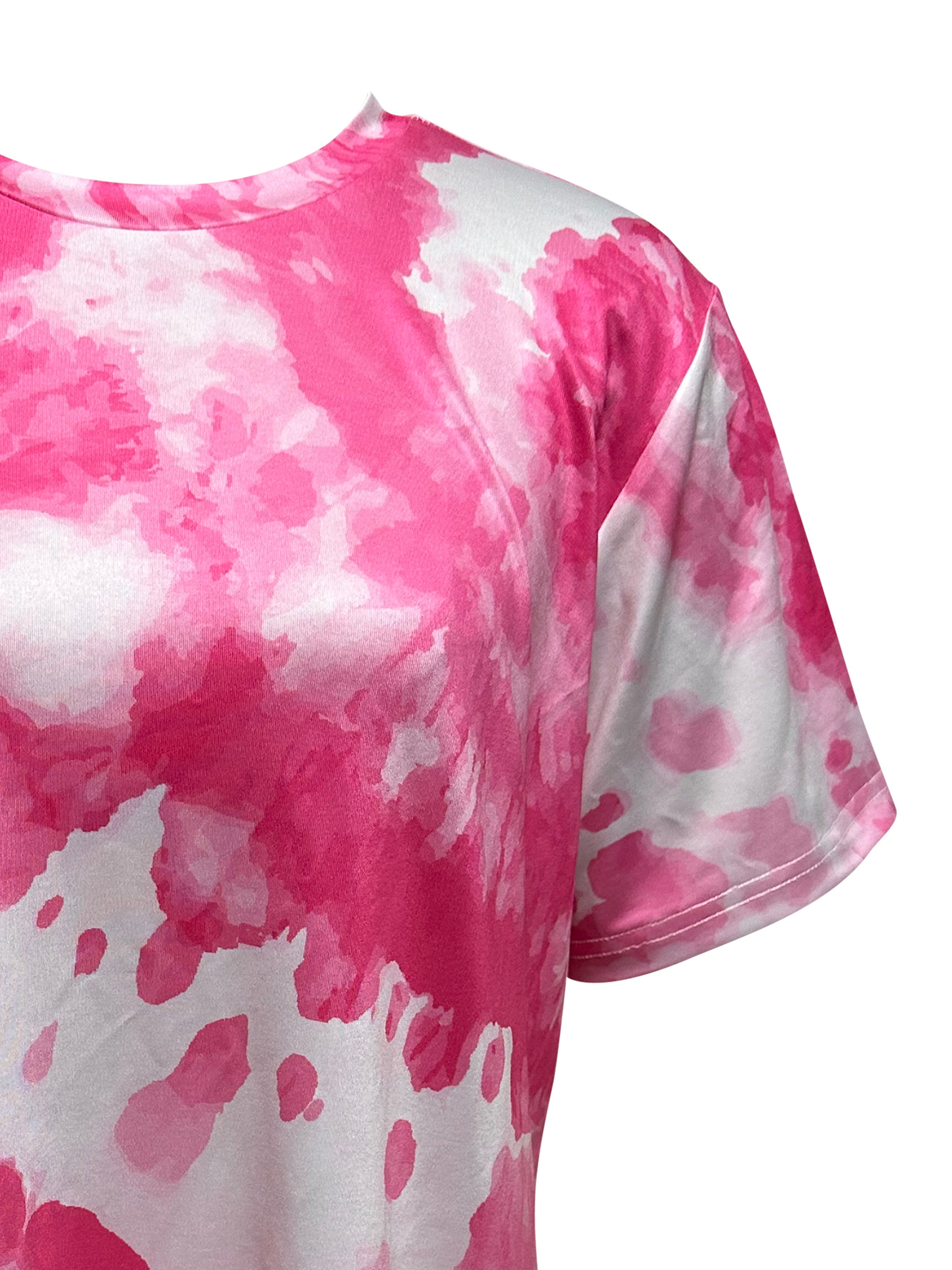 Women's Tie Dye Lounge Set Short Sleeve Crew Neck Top and Shorts for Sleepwear and Loungewear