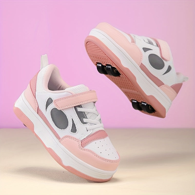 Girls' Pink and White Roller Skate Shoes with Breathable Lining Non-Slip Sole and Hook-and-Loop Fastener
