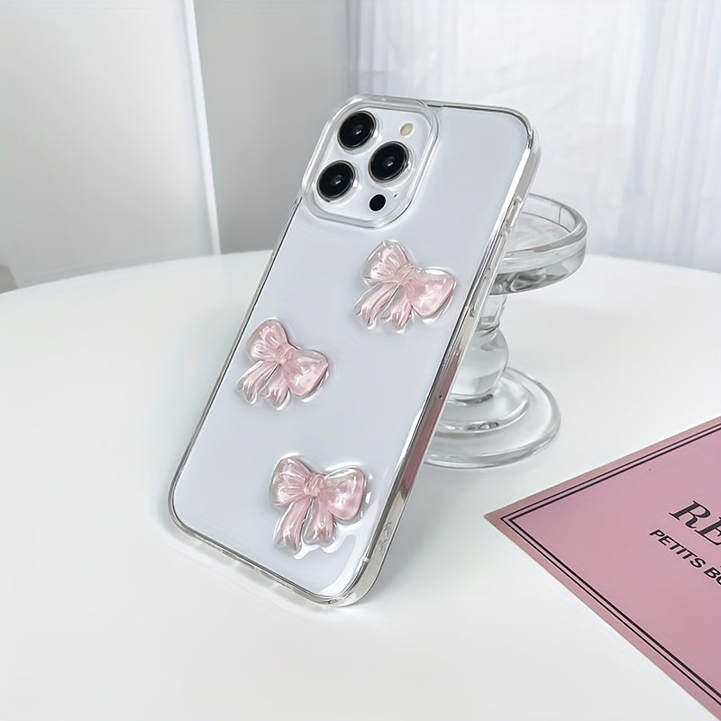 Transparent Acrylic Phone Case for iPhone 11-15 Pro Max with Red Bow and Handmade Drip Glue Design