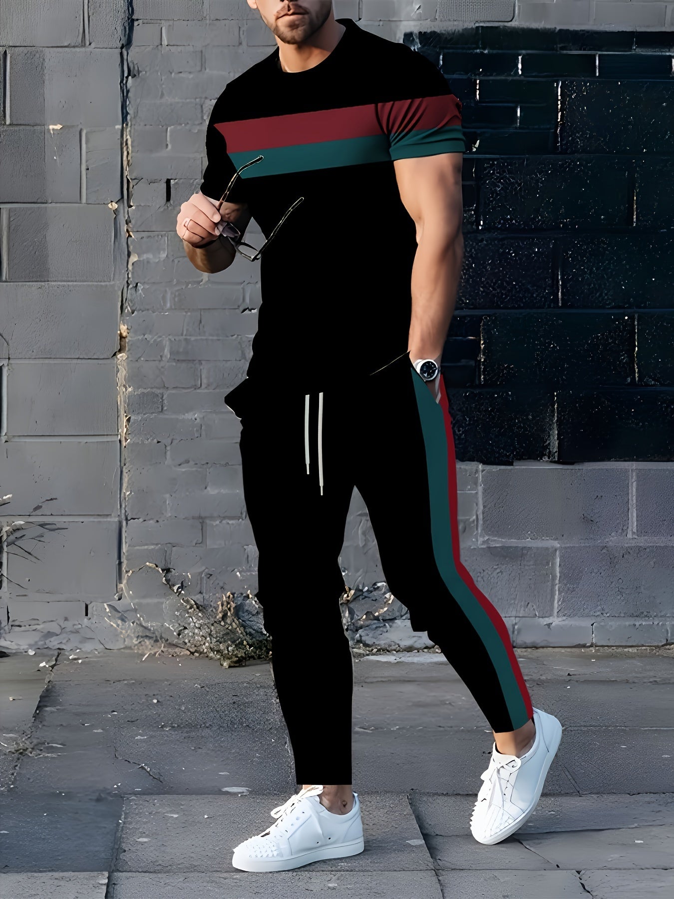 Men's Striped Polyester Sports Set with 3D Print Crew Neck for Spring Fall Casual Goin Out