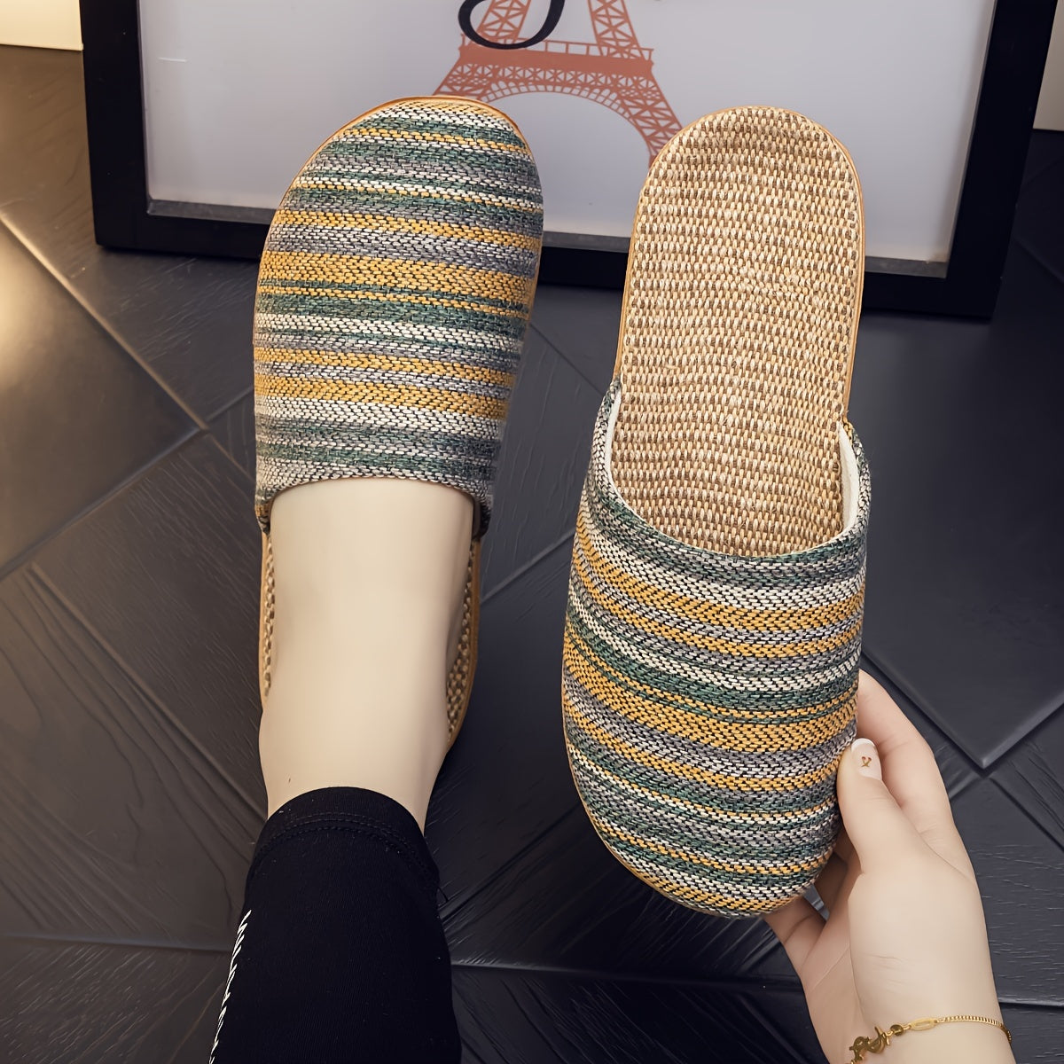 Zapatillas de estilo japonés para mujer con tela transpirable, suela de EVA antideslizante, calzado para todas las estaciones para uso en interiores