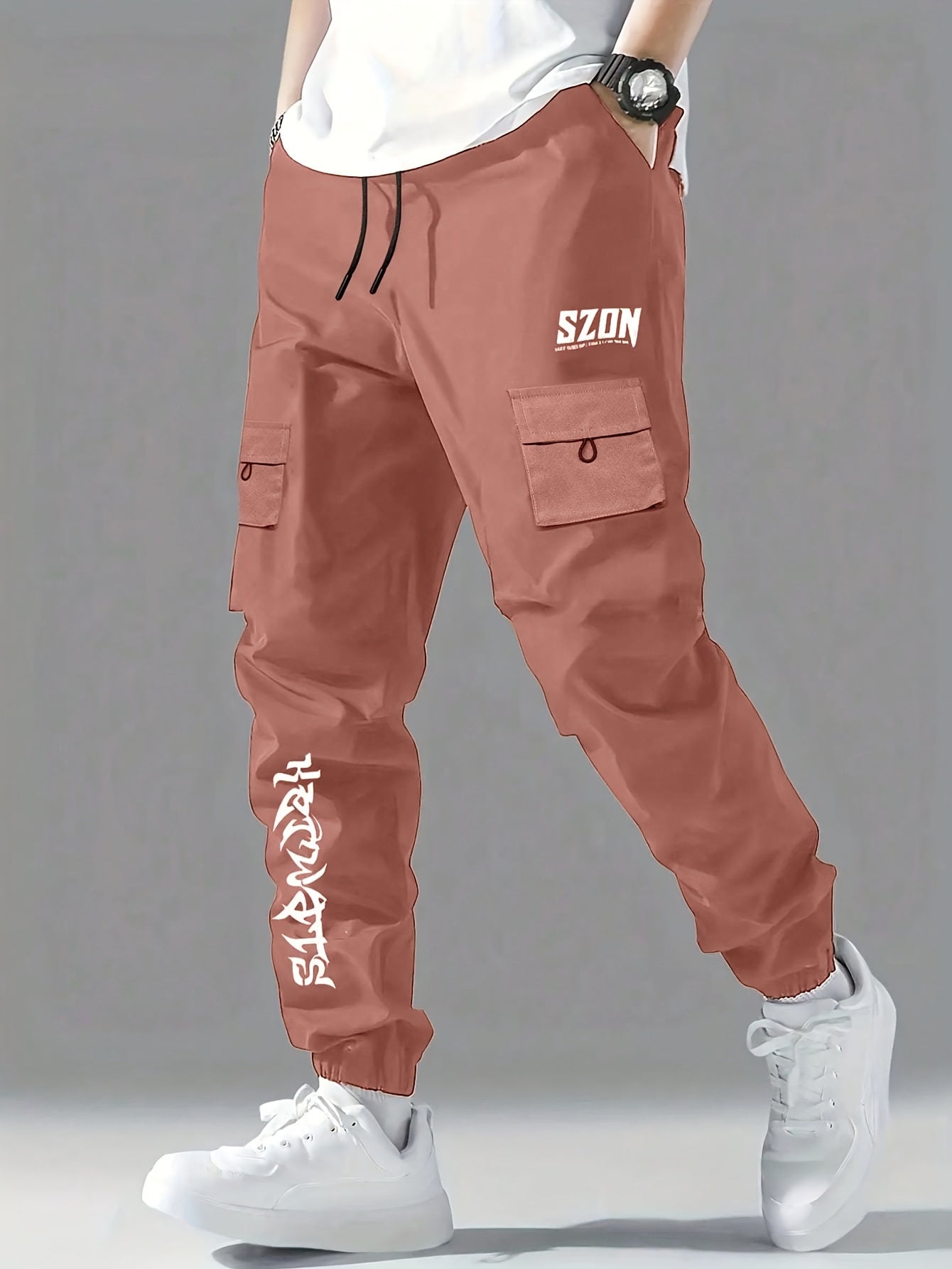 Boys Cargo Pants Solid Black Elastic Cuffs Multi-Pocket Casual All-Season