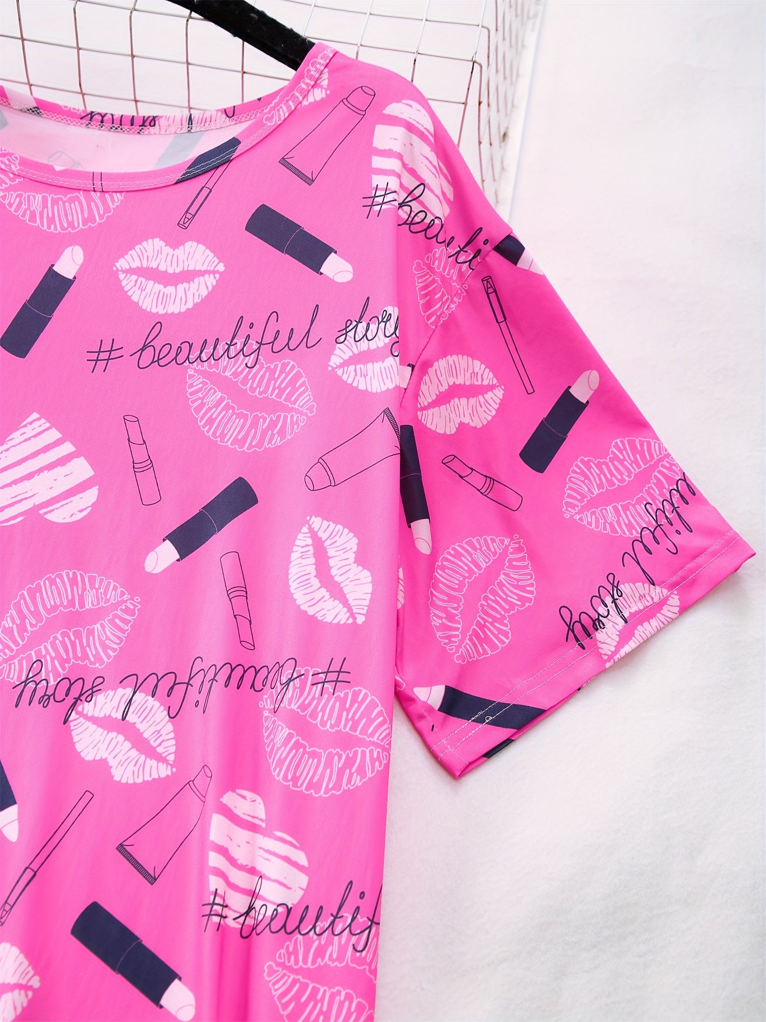 Women's Casual Nightdress Plus Size Red Heart Lip Print Sleep Dress