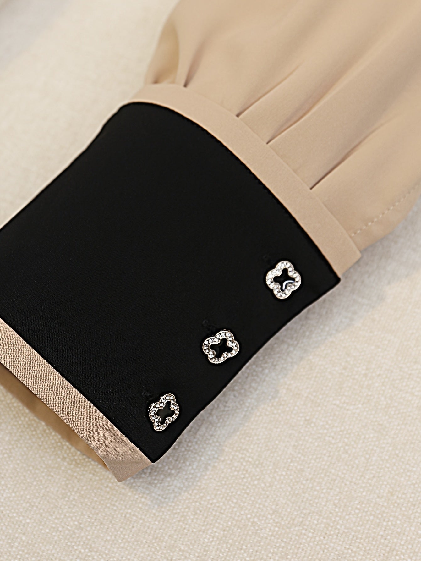 Women's Beige Blouse with Black Ruffle Trim Contrast Collar Long Sleeve Polyester All-Season Elegant Top