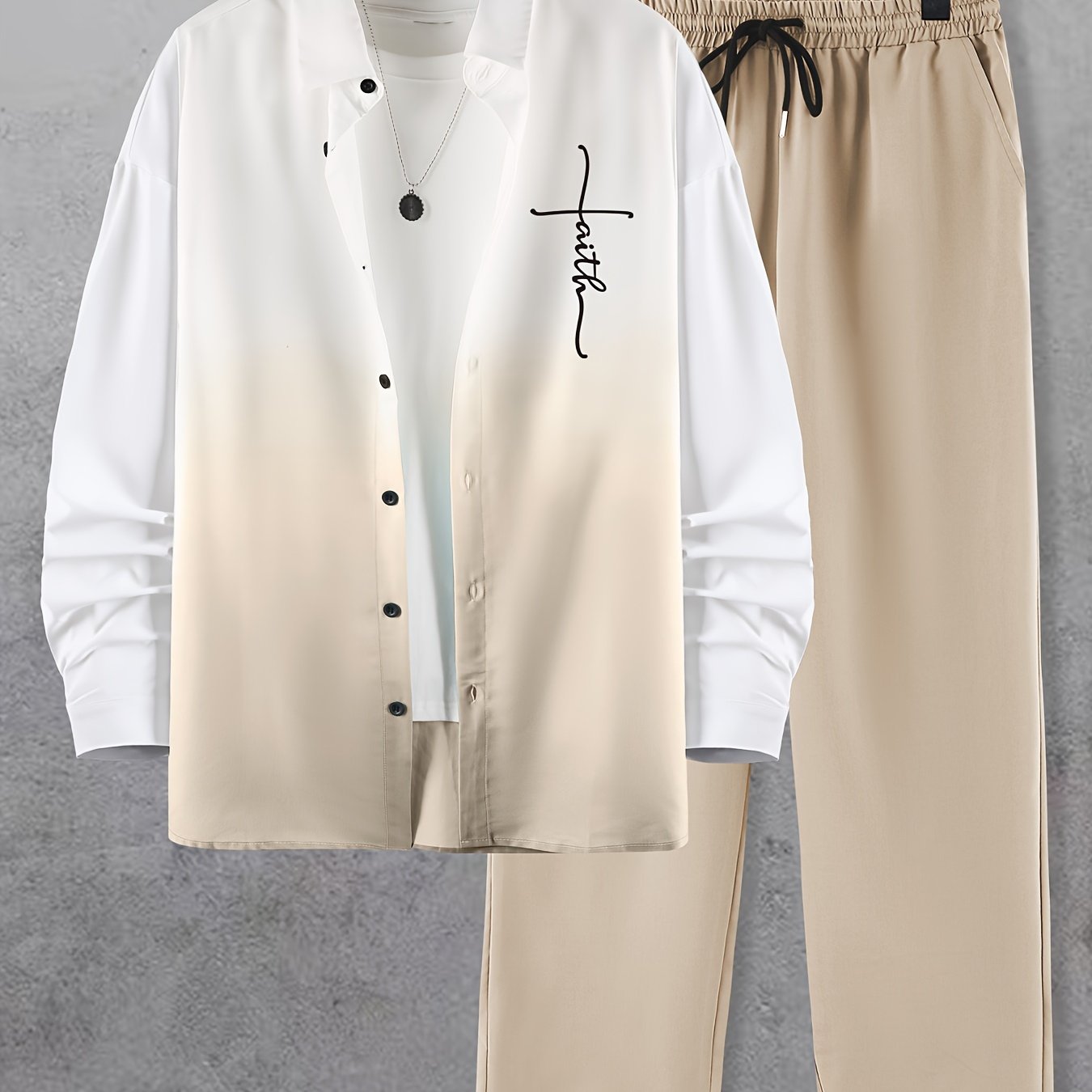 Men's Casual Fashion Set with Gradient Print Collar Shirt and Pants