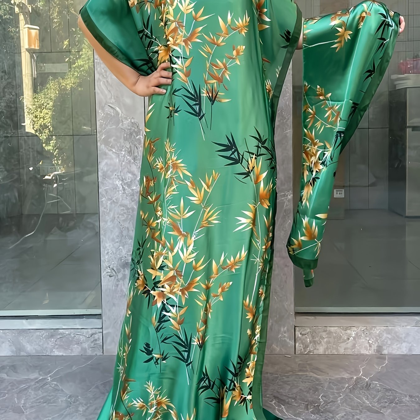 Vestido túnica de talla grande para mujer con estampado floral verde y bufanda