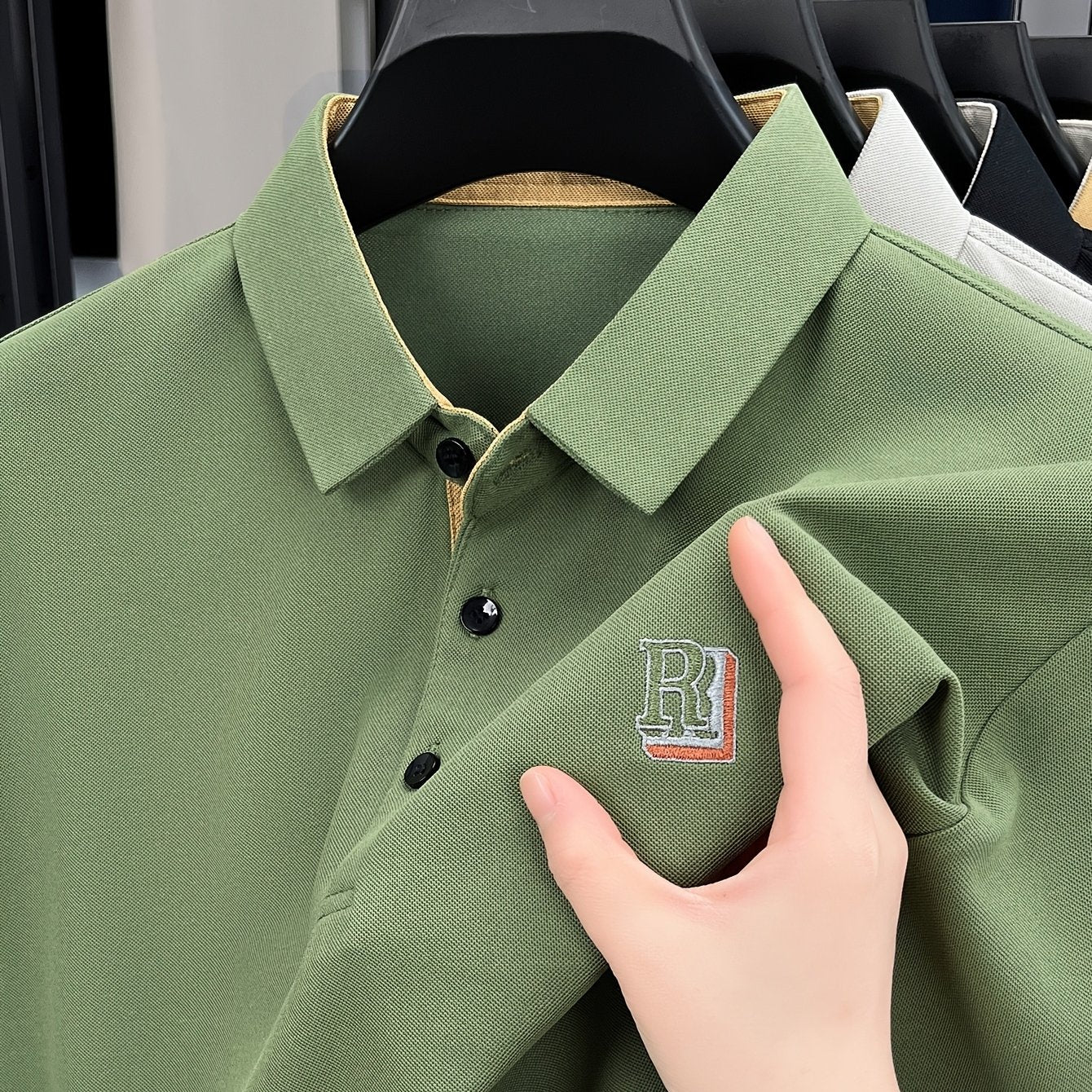 Men's Summer Casual Knitted Shirt Short Sleeve Embroidered Lettering Solid Color Breathable Fabric