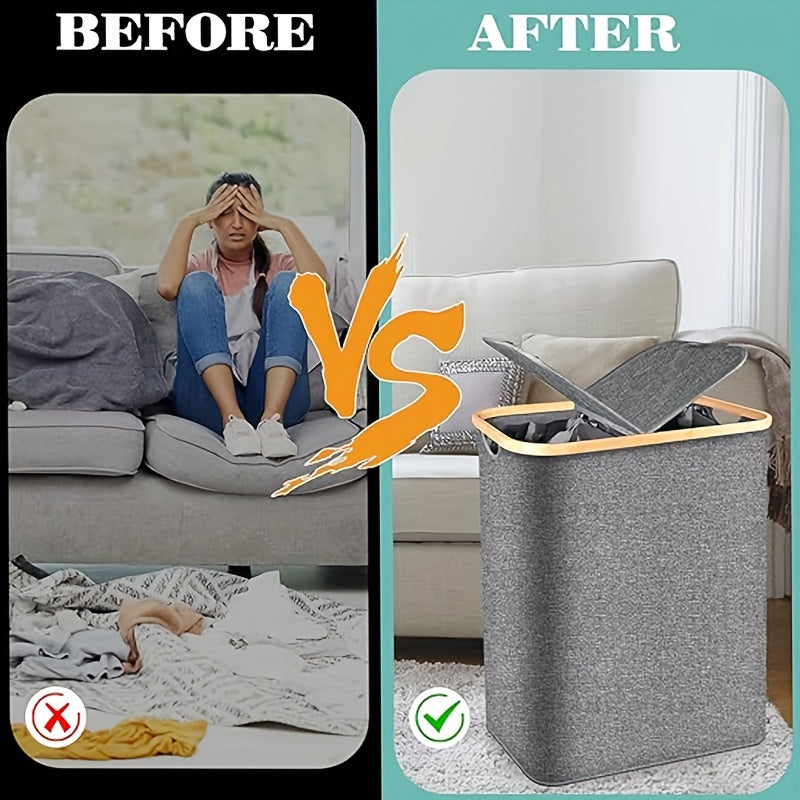 Large Capacity Double Layer Laundry Basket with Lid and Removable Washable Bags