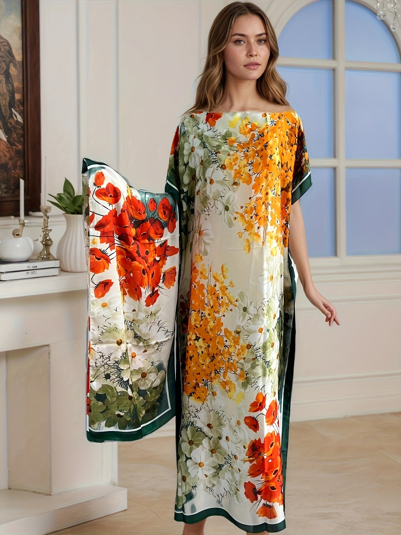 Плюс сайз женское платье-кимоно с цветочным принтом из полиэстера и шарфом, рукава баттерфляй