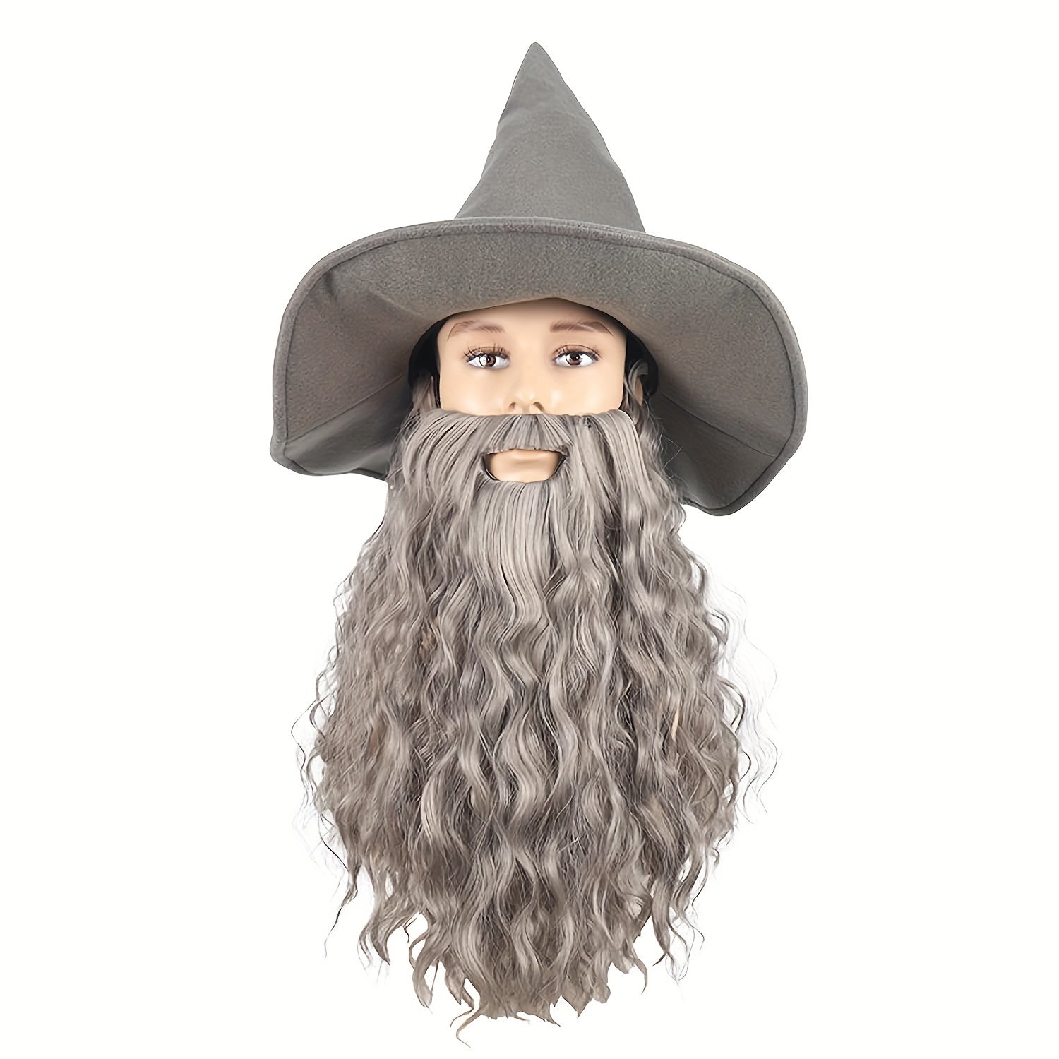 Gray Wizard Hat with Curly Wig and Beard for Halloween Cosplay