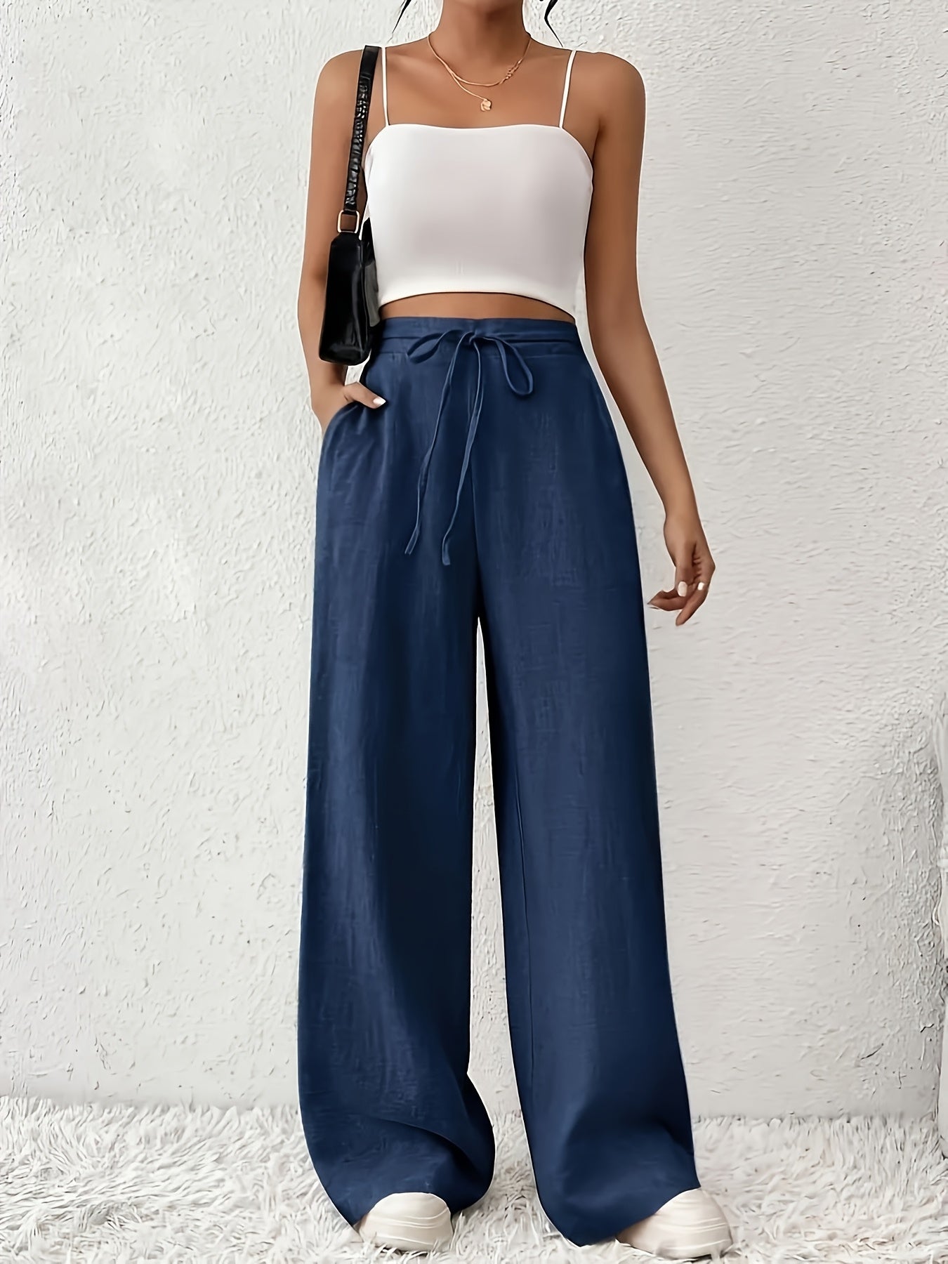 Women Plus Size Solid Color Wide Leg Pants with Pockets and Zipper
