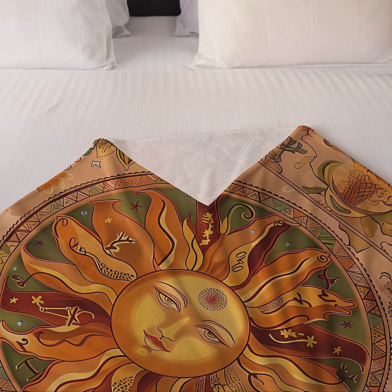 "Quyosh naqshli bosma tashqi ko'rpa, yumshoq va plush polyester to'qima matodan tayyorlangan. Zamonaviy uslub uchun raqamli bosma xususiyatlariga ega. Divan, yotoq, ofis, lagerda yoki sayohat paytida foydalanish uchun mukammal. Uy bezatish uchun ideal va"