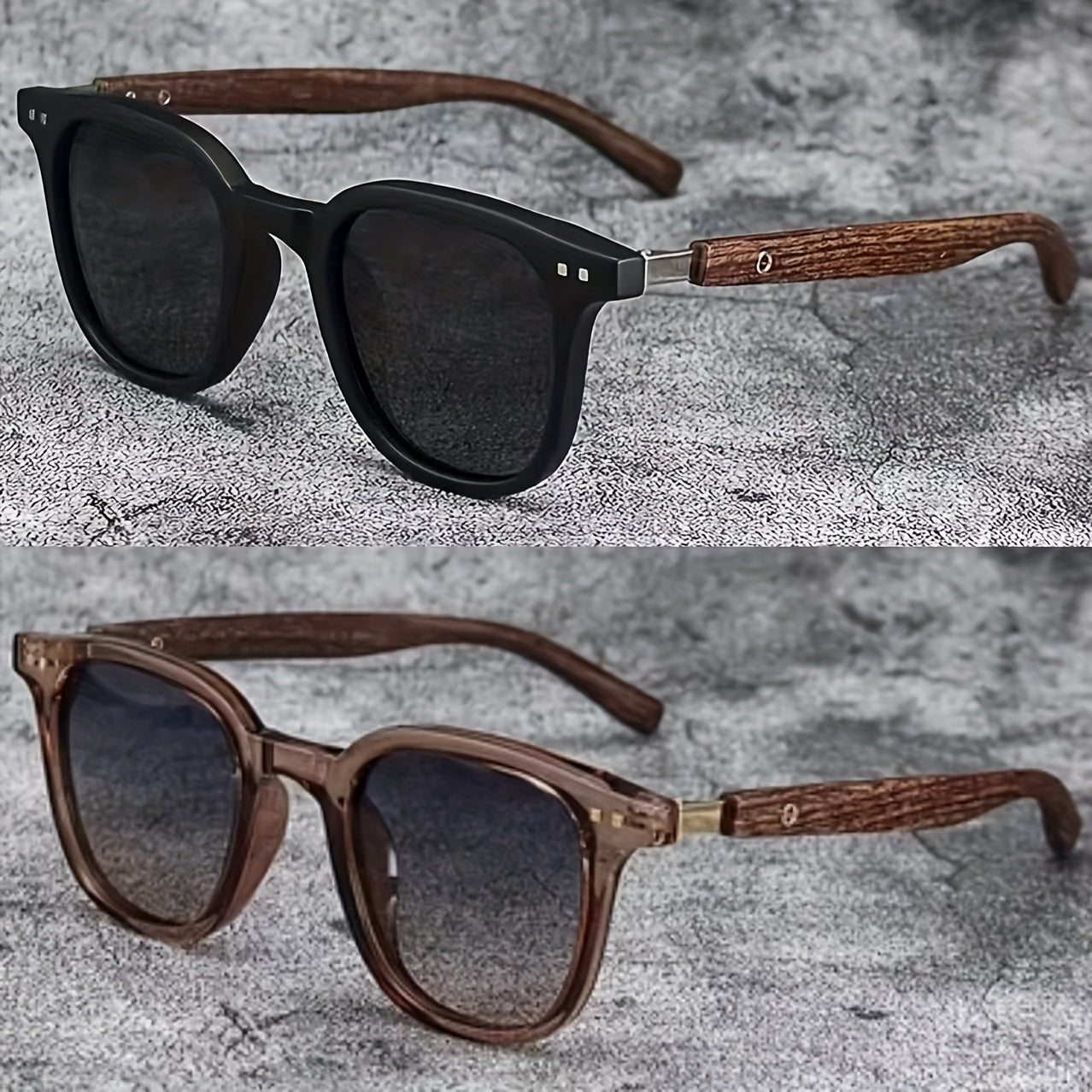 Unisex Vintage Square Glasses with Wood Grain Temples for Beach Travel
