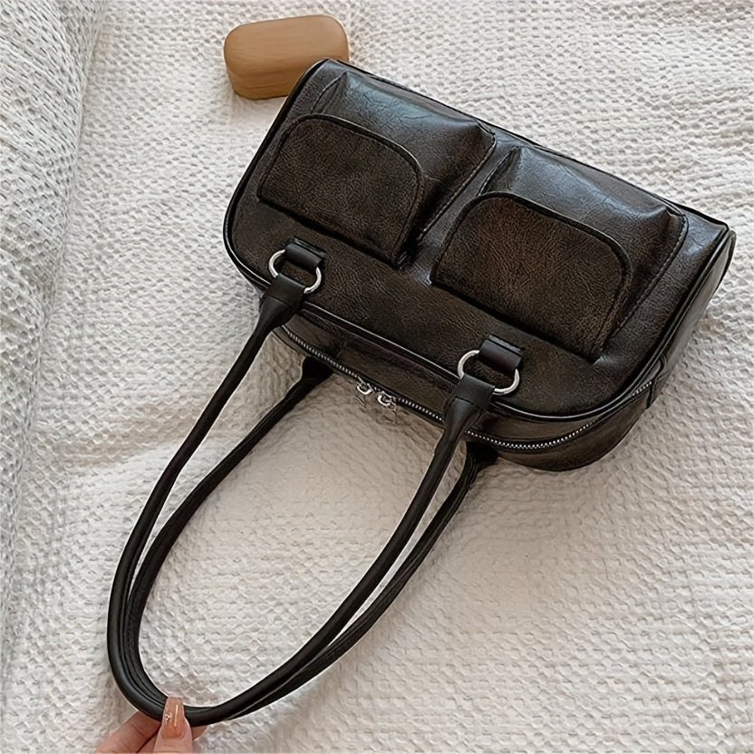 Bolso de hombro de cuero sintético vintage para mujer con bolsillos frontales y cierre de cremallera