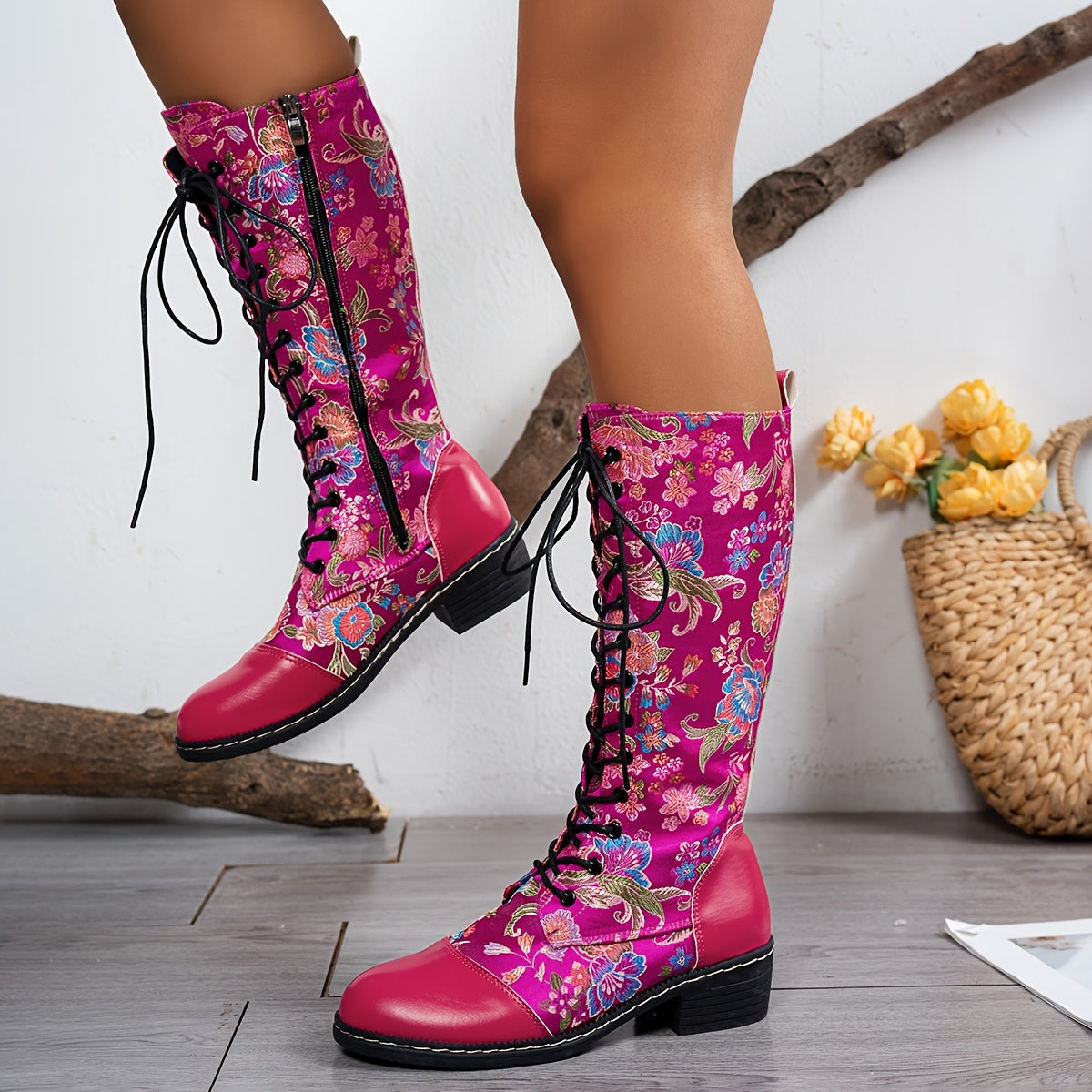 Women’s Floral Knee-High Boots Canvas Lace-Up All-Season Black