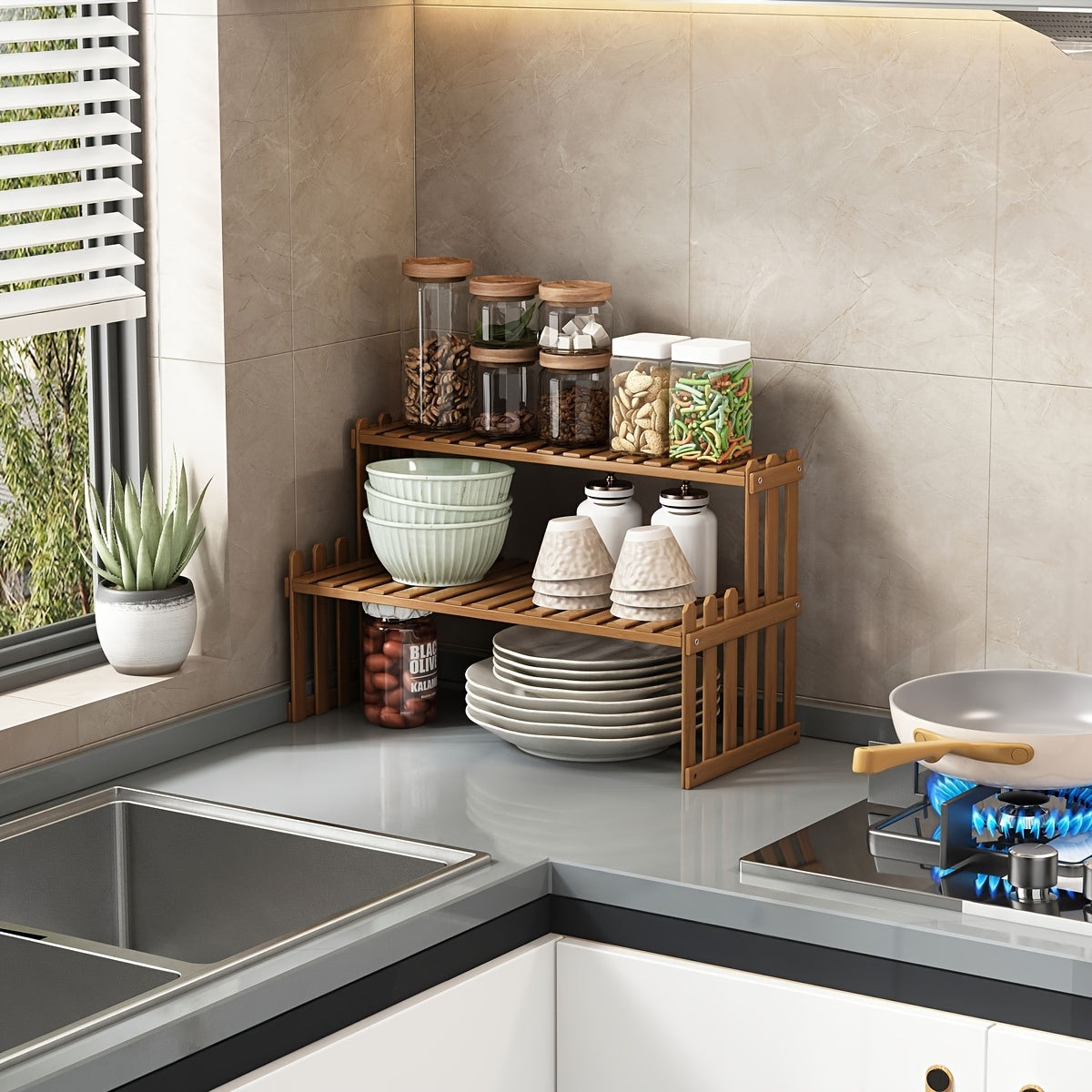 Открытая угловая полка для хранения из бамбука, двухслойная, в повседневном стиле, напольная кухонная органайзерная стойка, не требует подключения к электричеству, компактная конструкция, передвижная, высота 220.