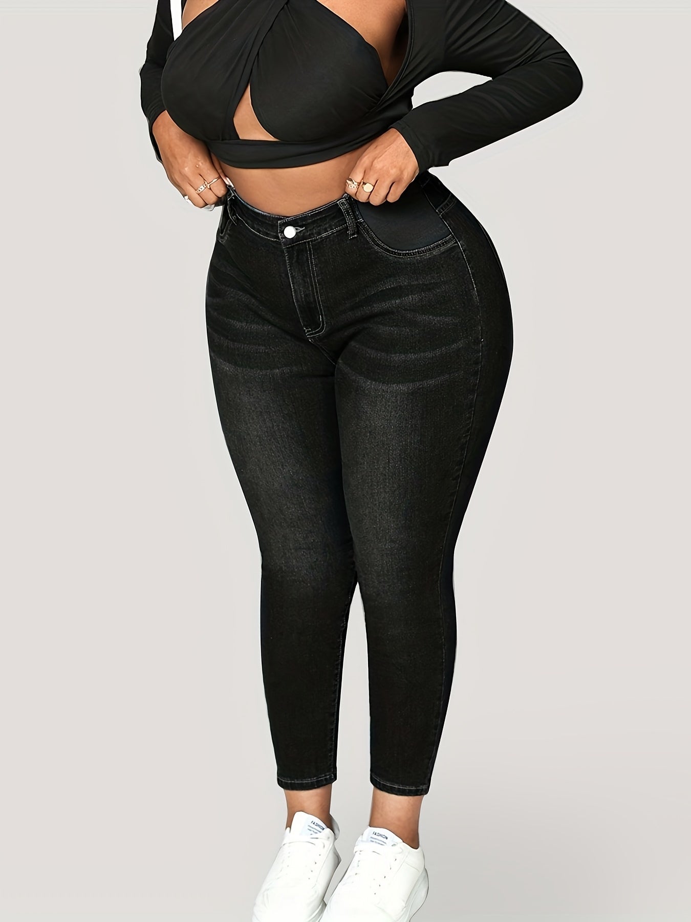 Women's Skinny Jeans Black Denim Mid-Rise Slim Fit Casual All-Season