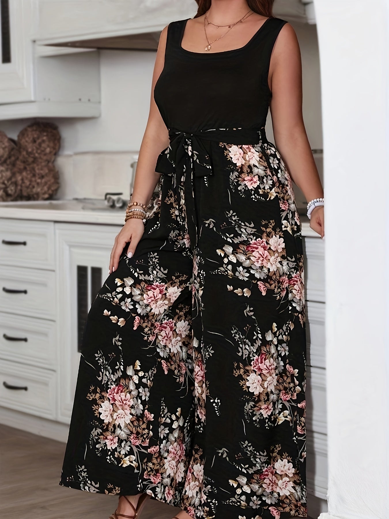 Women's Bohemian Sleeveless Jumpsuit with Floral Print and Black Contrast