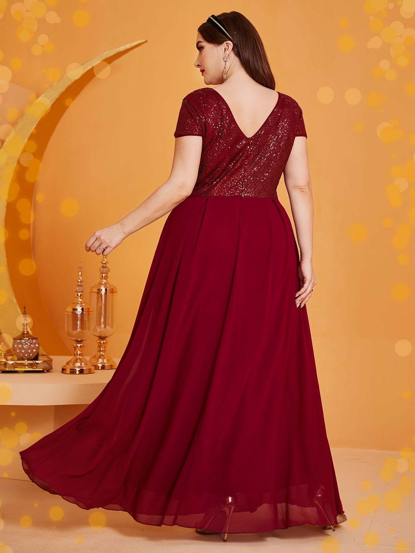 Plus Size Sequined Longline Dress V Neck Party Banquet Elegant Short Sleeve