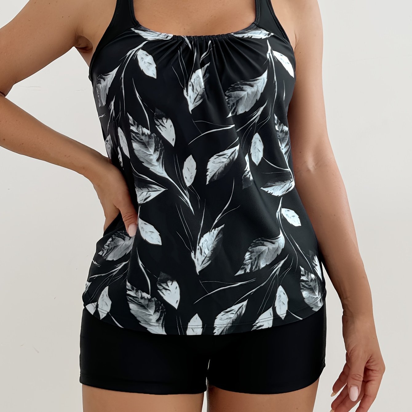 Black Tankini Set with Random Print Tank Top and Black Boxer Shorts for Swimming