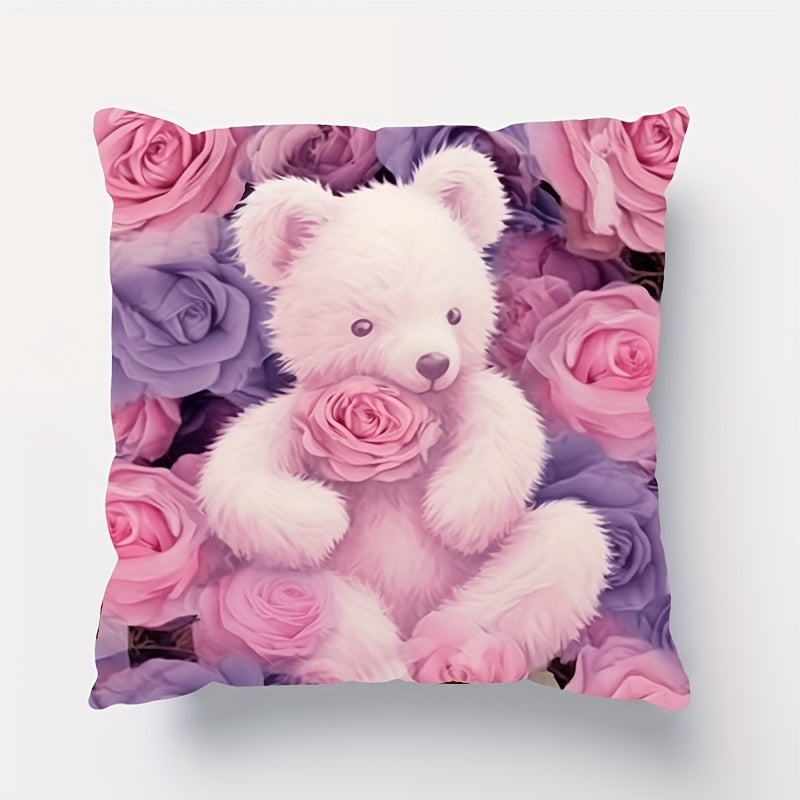Floral Bear Cushion Cover Double-Sided Woven Polyester Zippered Decorative Pillowcase