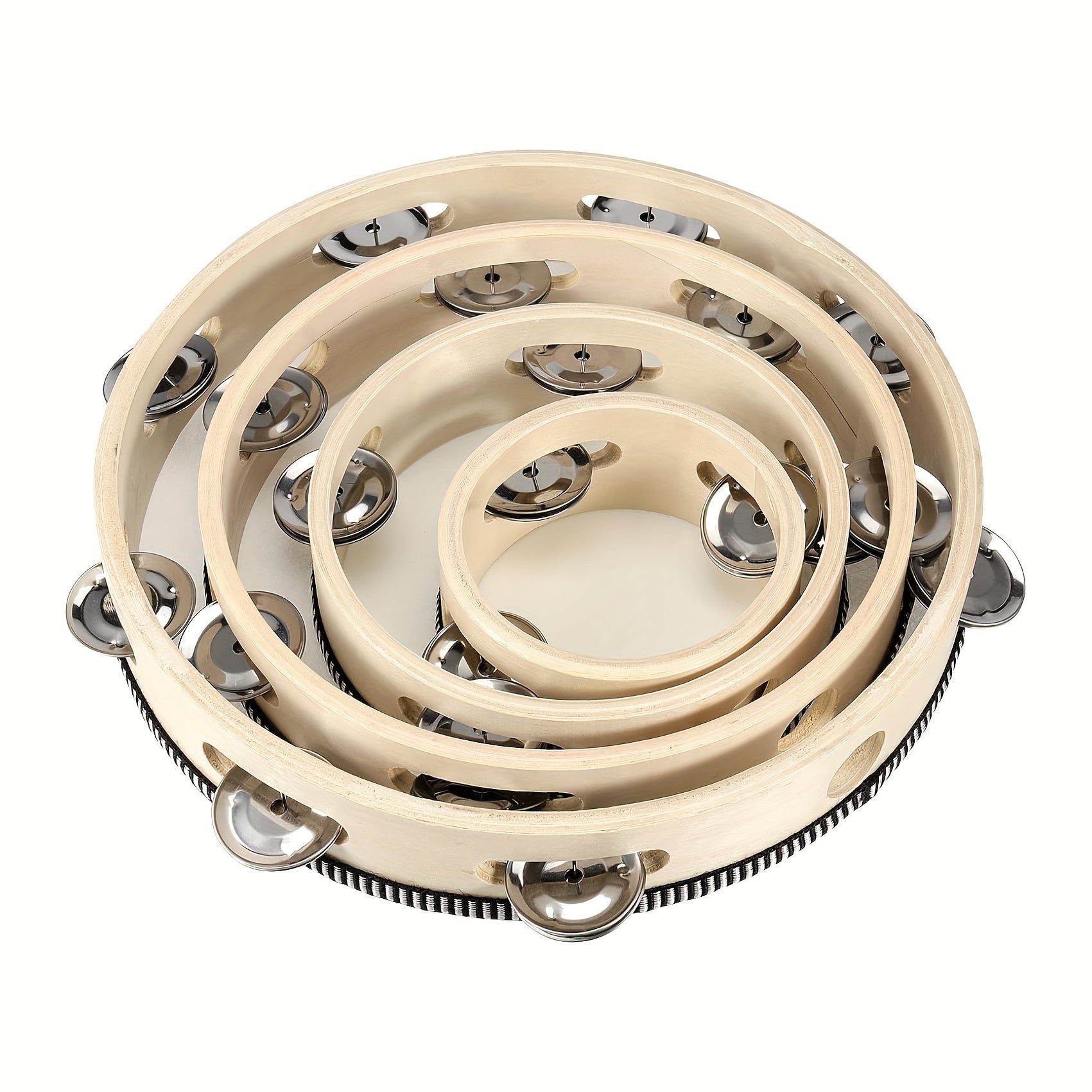 Бежевый полиэтилентерефталатный ручной тамбурин с металлическими бубенцами, образовательный музыкальный подарок для различных случаев.