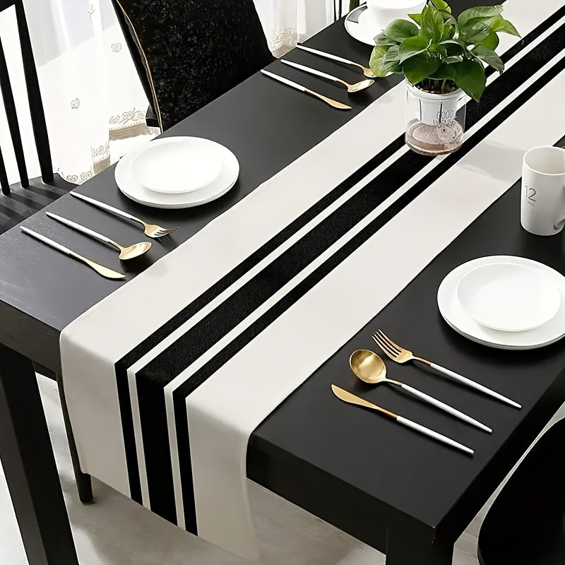 Geometric Stripe Linen Table Runner Black and White for Home Decor and Dining