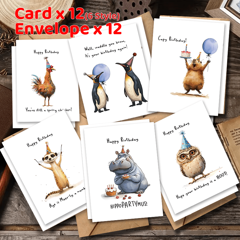 24 ta Hayvon Mavzusidagi Tug'ilgan Kun Kartochalari to'plami, Mos Kelayotgan Konvertlar bilan - Gippolar, Pingvinlar, Qushlar va Boshqalar - Rahmat xabarlari va Sovg'alar uchun Ideal