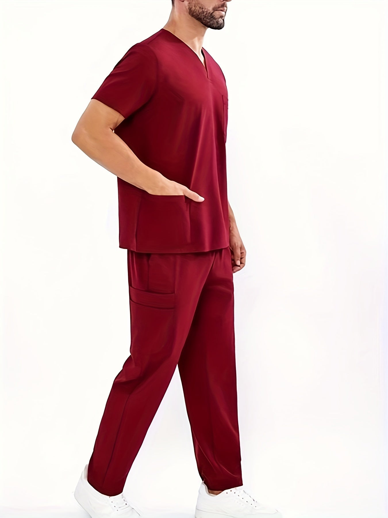 Мужской летний рабочий костюм с V-образным вырезом и четырьмя карманами, полиэстер, однотонный