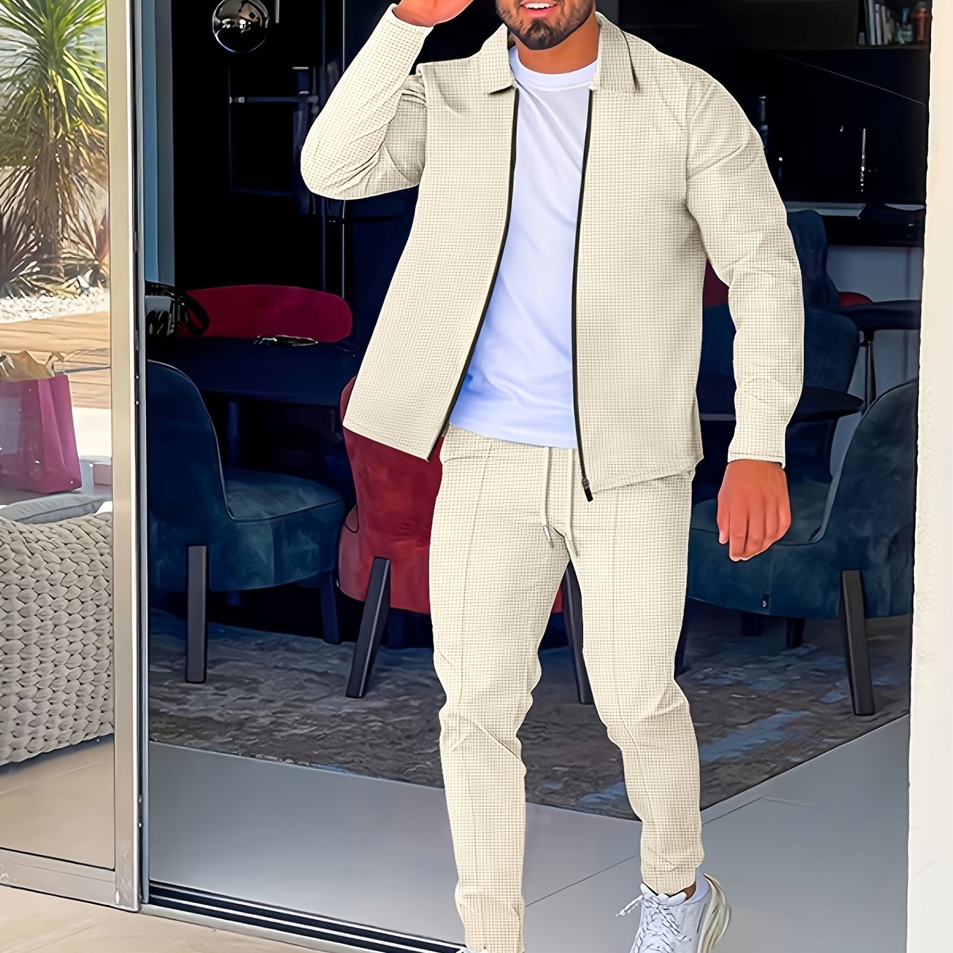 Men's Lightweight Casual Sports Set with Zipper Long Sleeves and Lapel Collar