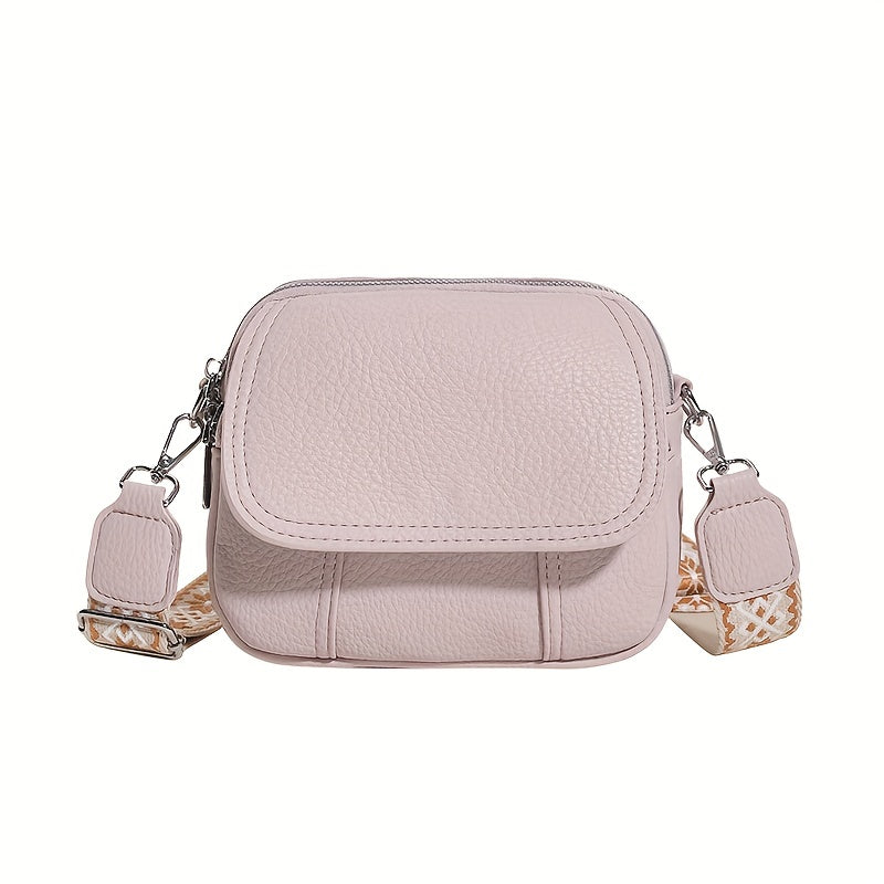 Square Crossbody Bag with Wide Strap Zipper in Solid Color PU Material