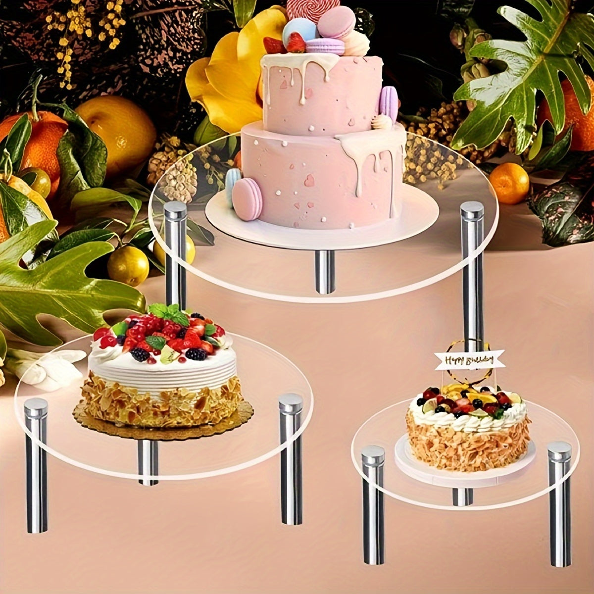 Transparent Acrylic 3-Tier Cake Stand with Metal Poles for Weddings and Parties