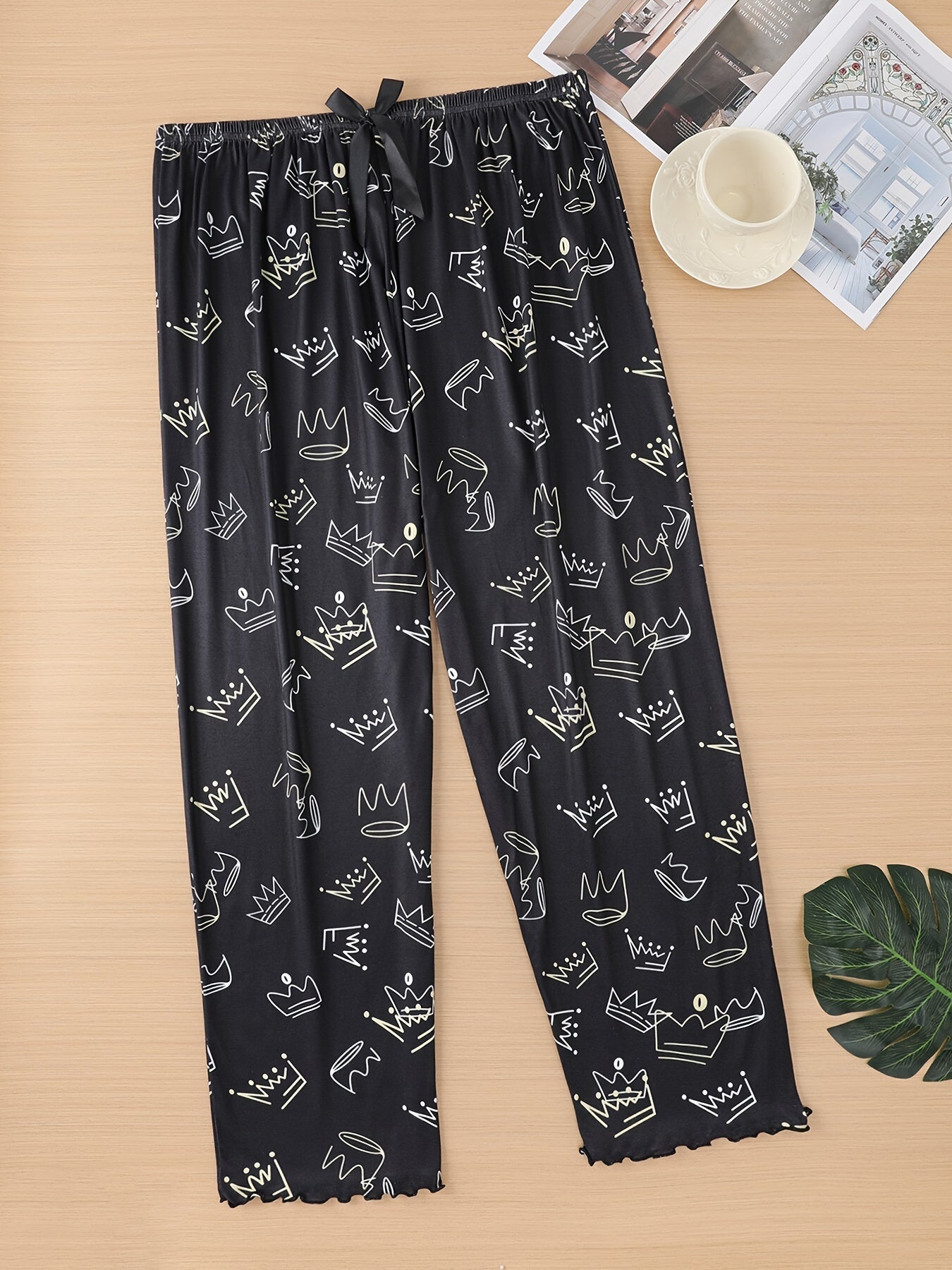 Women's Sleep Pants with Crown Print, Bow Detail, Elastic Waist