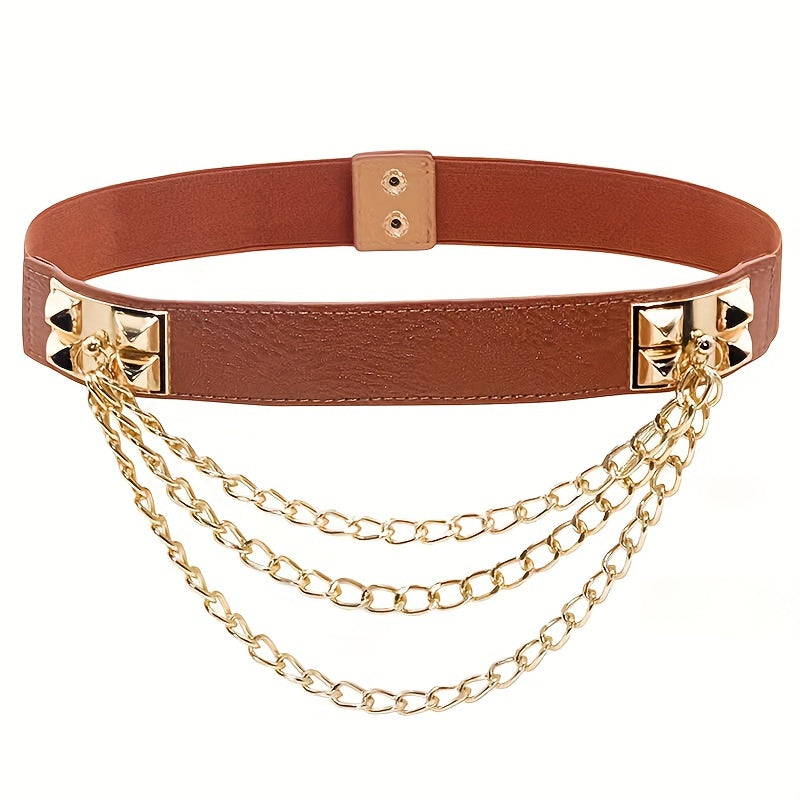 Elastic Waistband Belt with Punk Chain Fringe for Women's Dresses Solid Color Body Jewelry