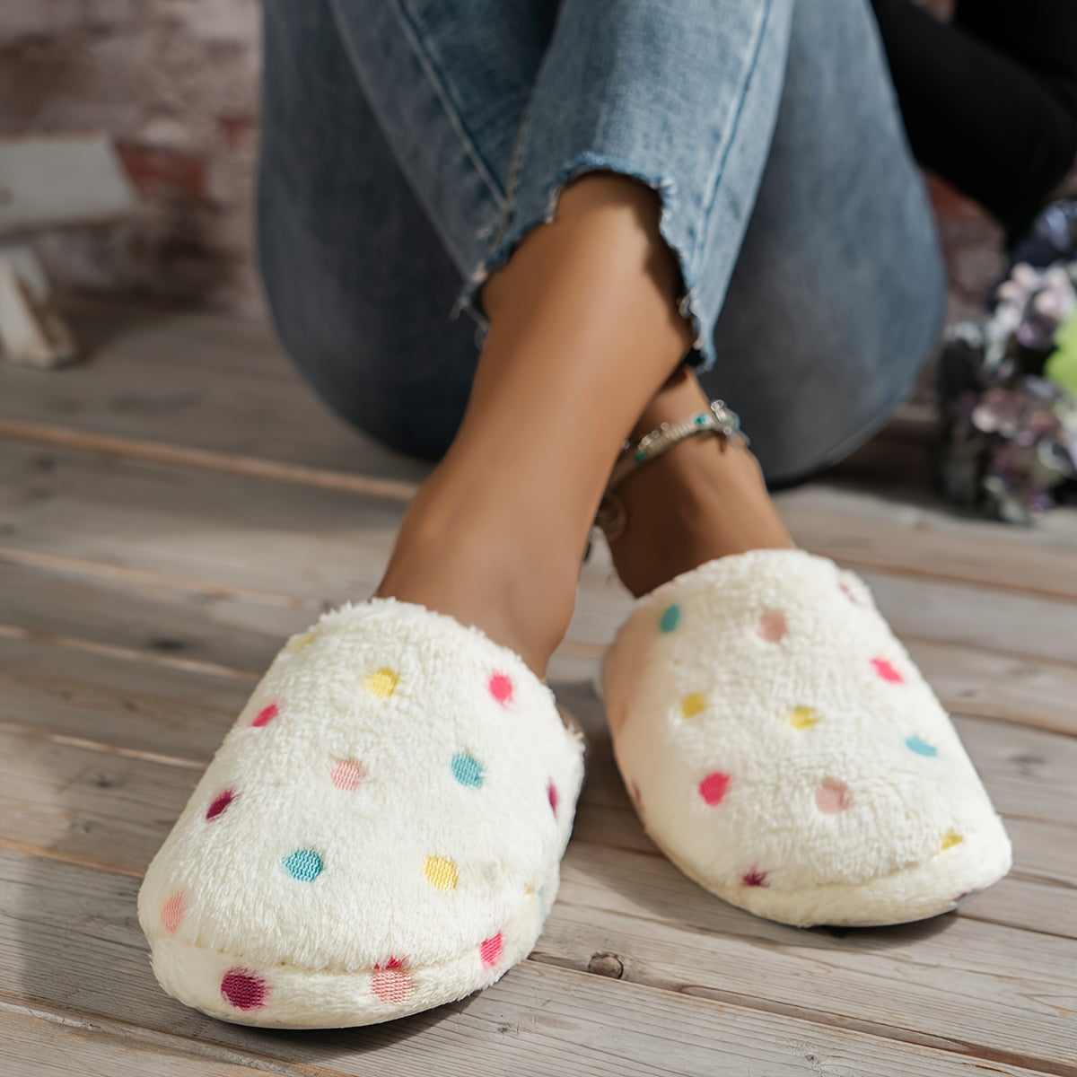 Women Colorful Polka Dot Plush Indoor Slippers Unisex Washable Comfortable