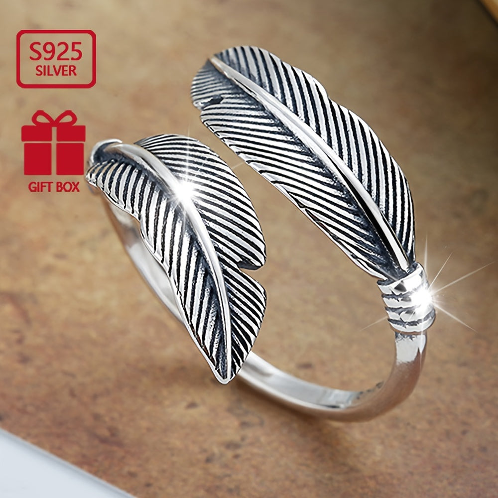 Sterling Silver Ring Vintage Ginkgo Feather Design Elegant Jewelry for Women
