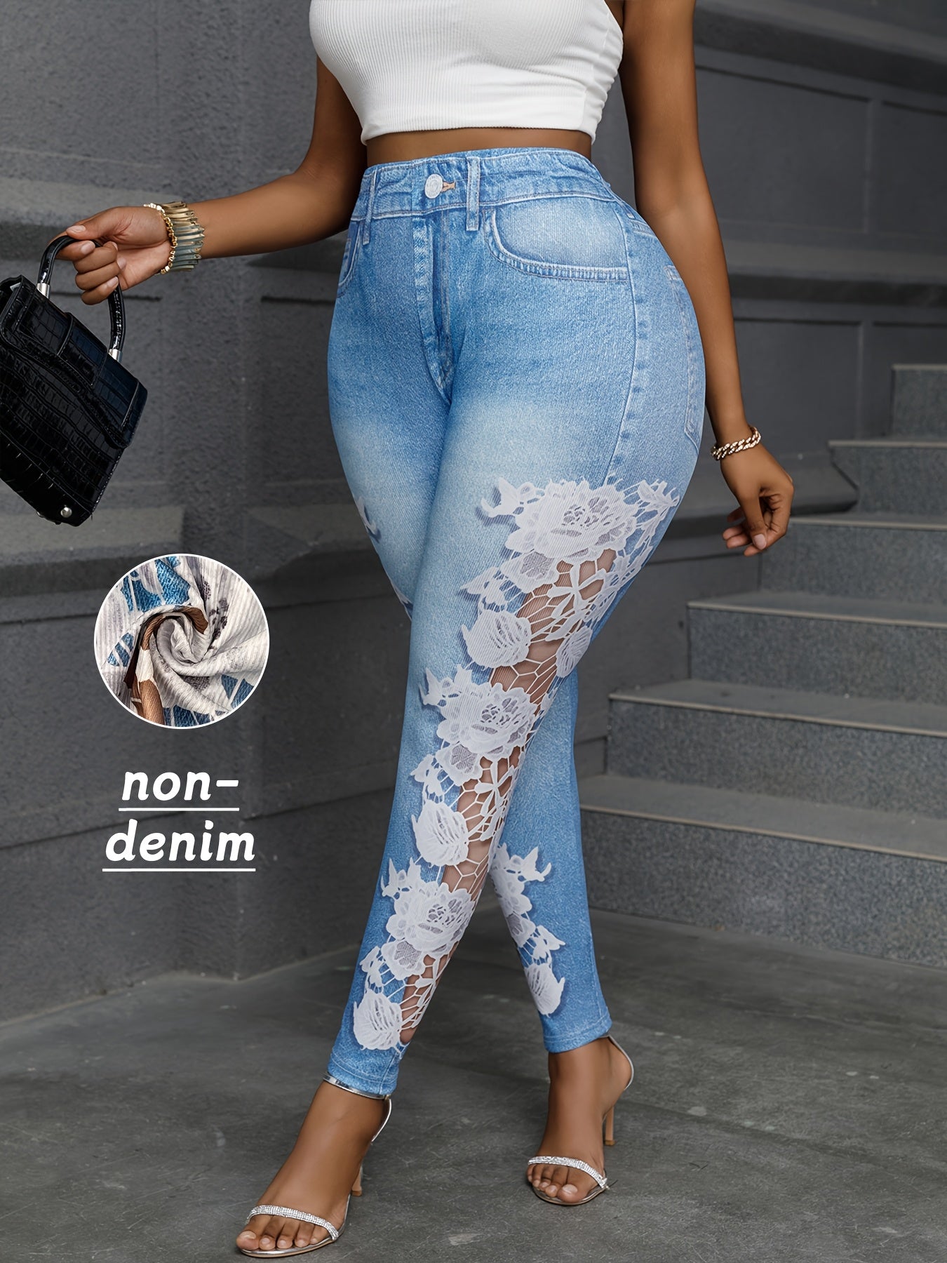 Plus Size Women's High-Waisted Skinny Pants with Floral Lace Cut-Outs Joggers