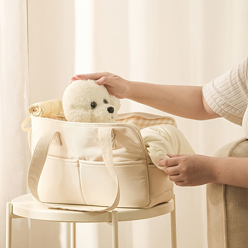 Portable Pet Travel Bag for Small Dogs and Cats Lightweight Breathable Polyester Beige with Checkered Interior