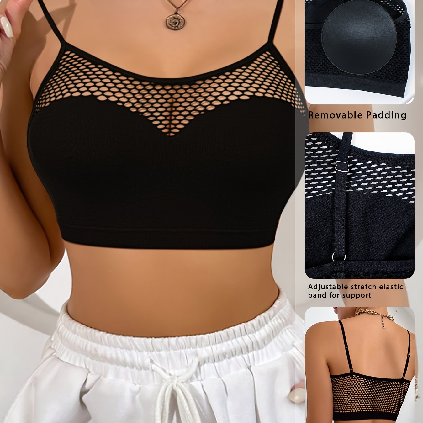 Women's Mesh Tank Top Bra with Removable Pads Solid Color Lingerie