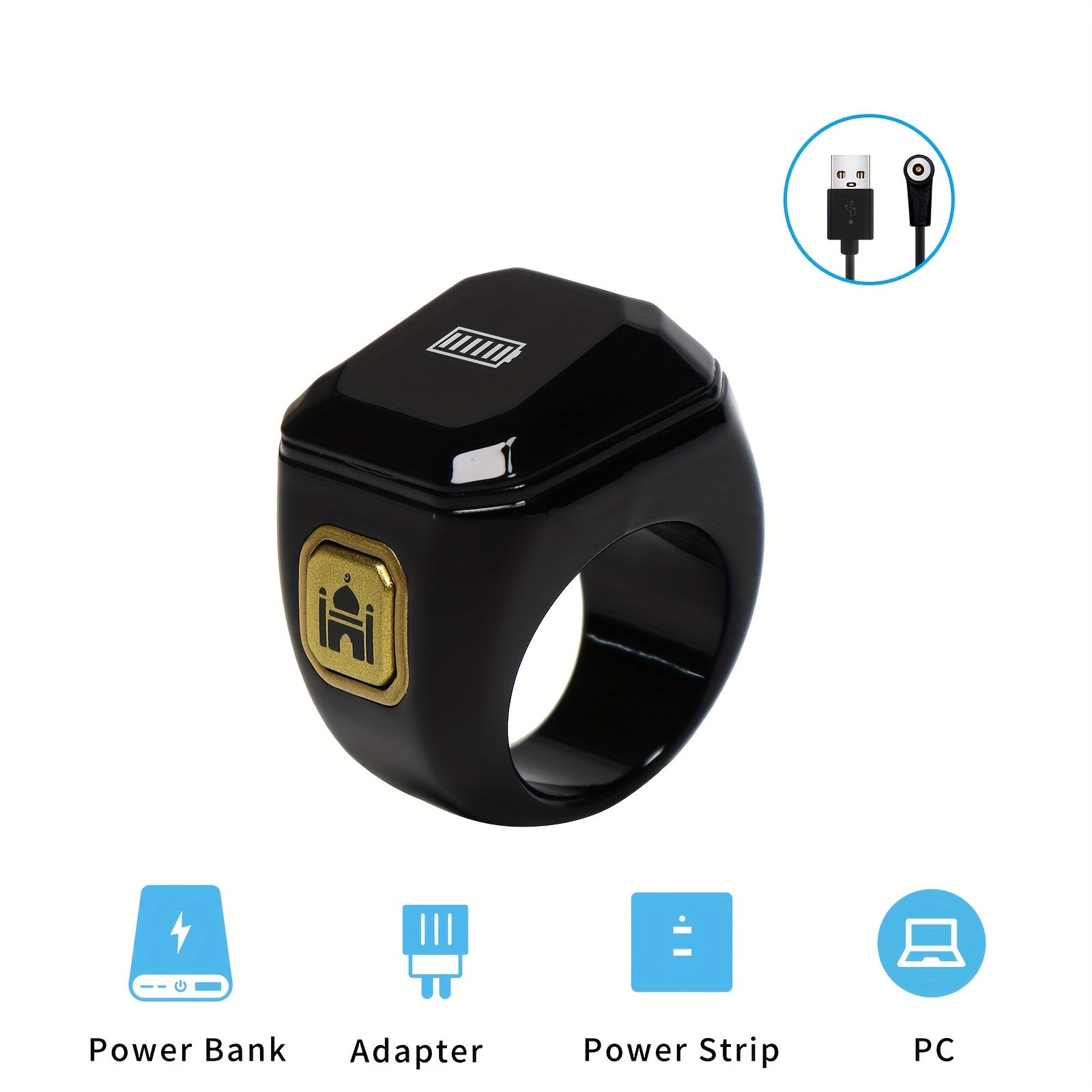 Black Smart Zikr Ring with 0.49 Inch Display Wireless Prayer Counter Compass and App Control
