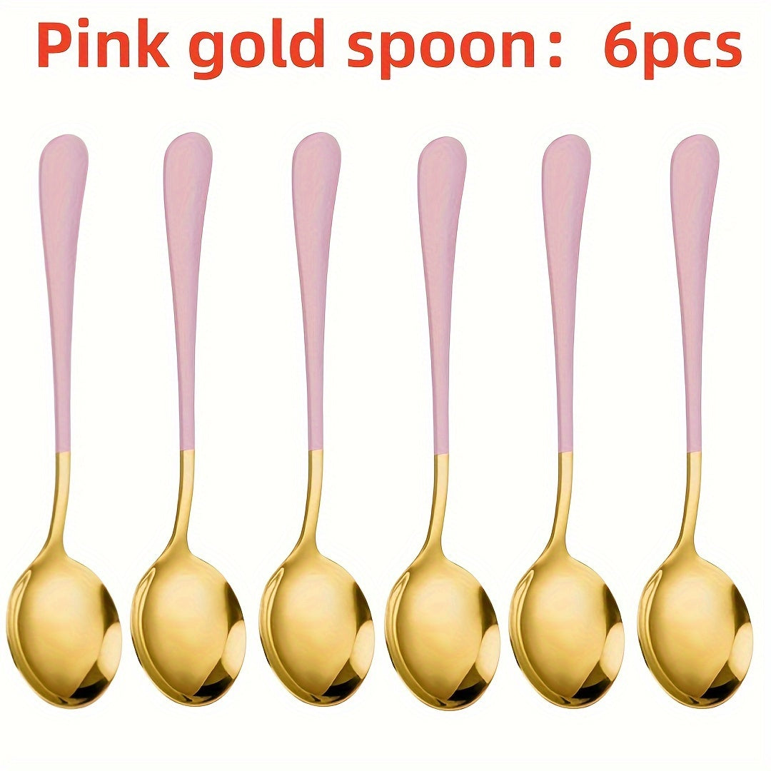 Set of 6 Long-Handled Stainless Steel Spoons for Coffee and Desserts in Multiple Colors